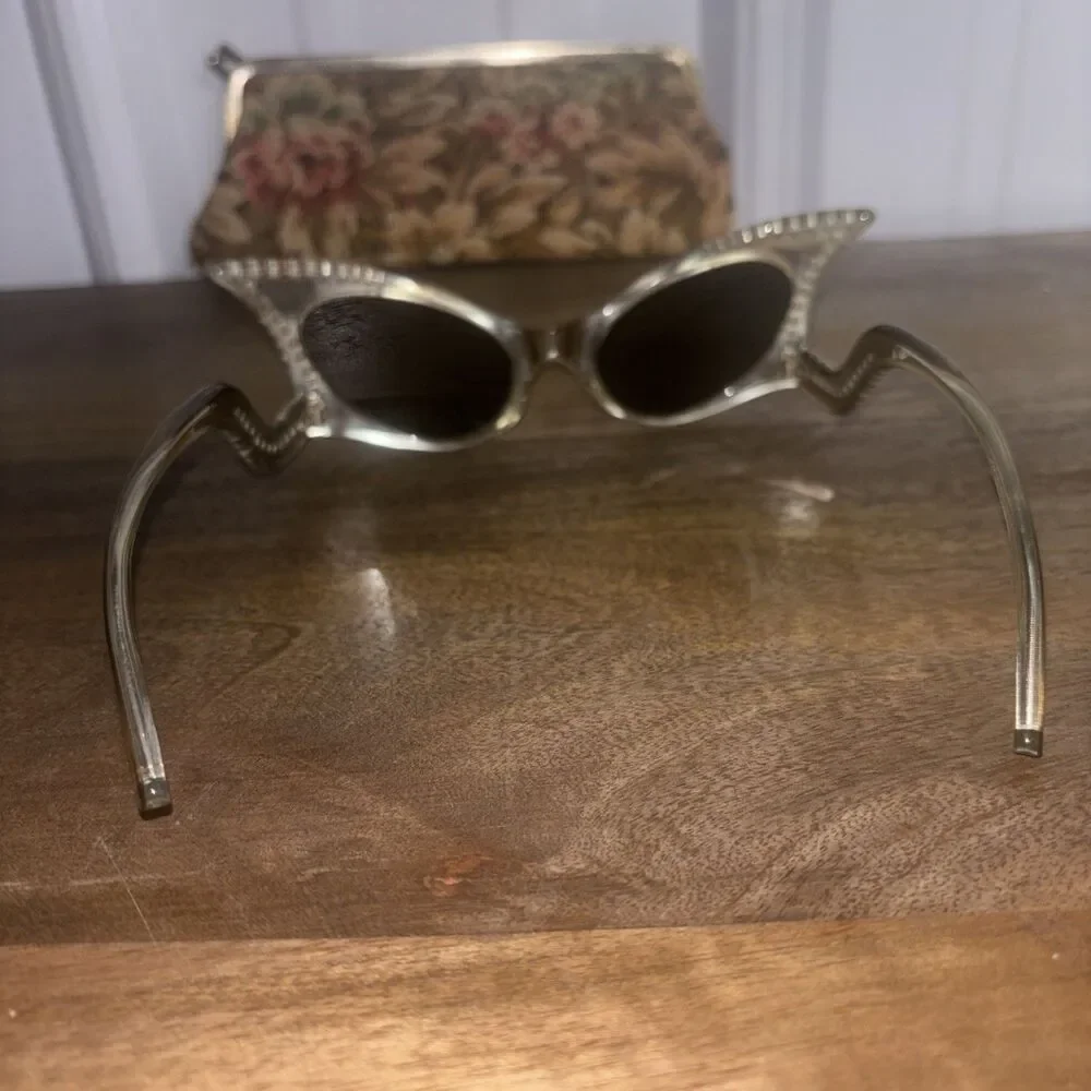 Vintage French Rhinestone Cat Eye Sunglasses w/soft Case EUC